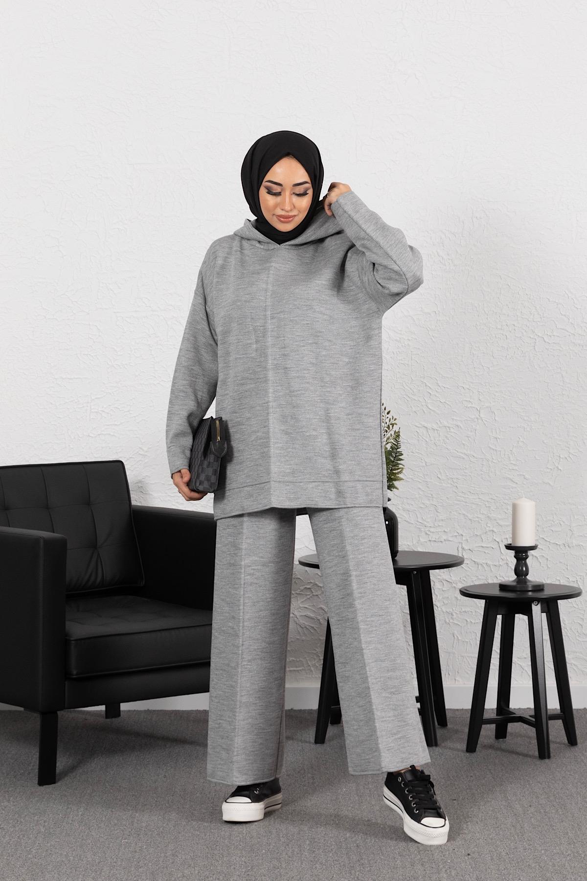 Kapüşonlu Oversize İkili Triko Takım Gri