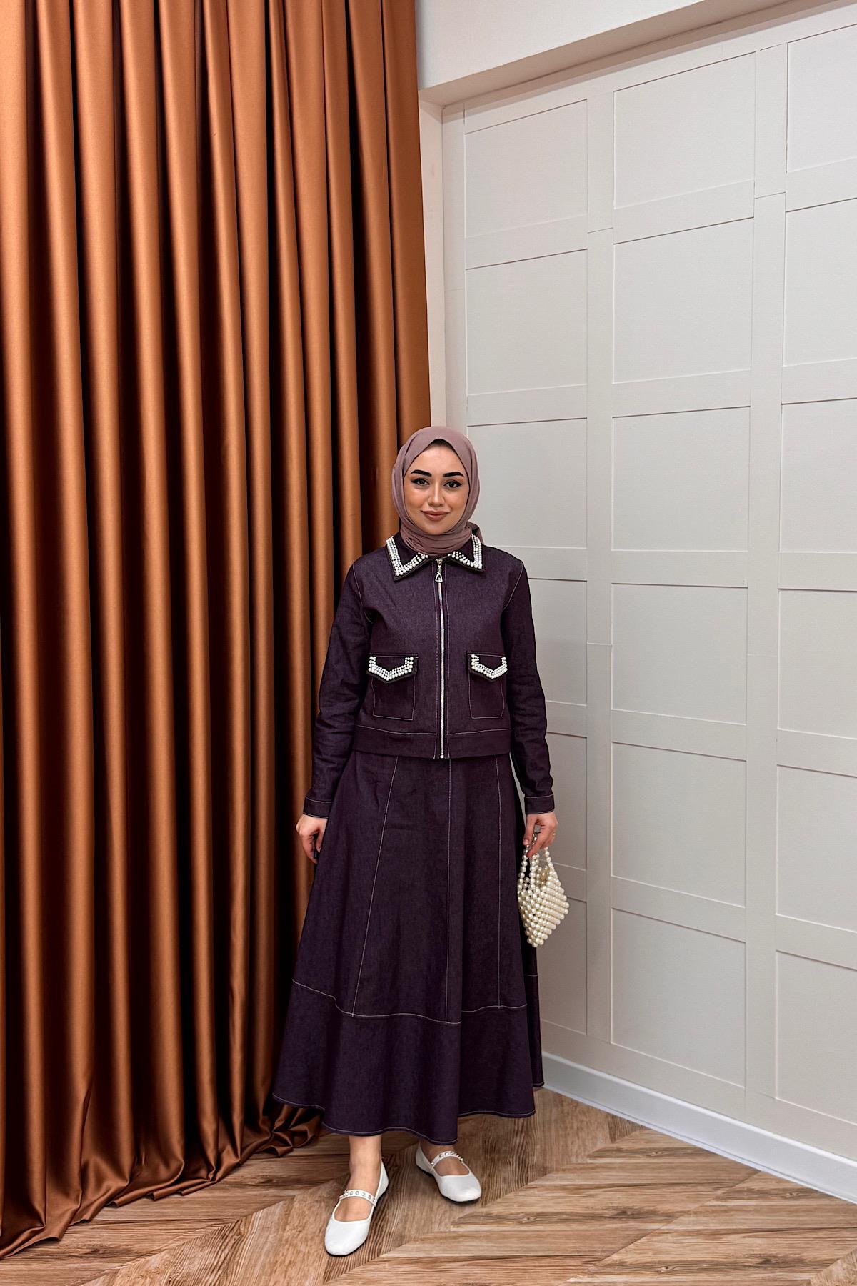 Klara İnci Detay Kot Takım Mürdüm