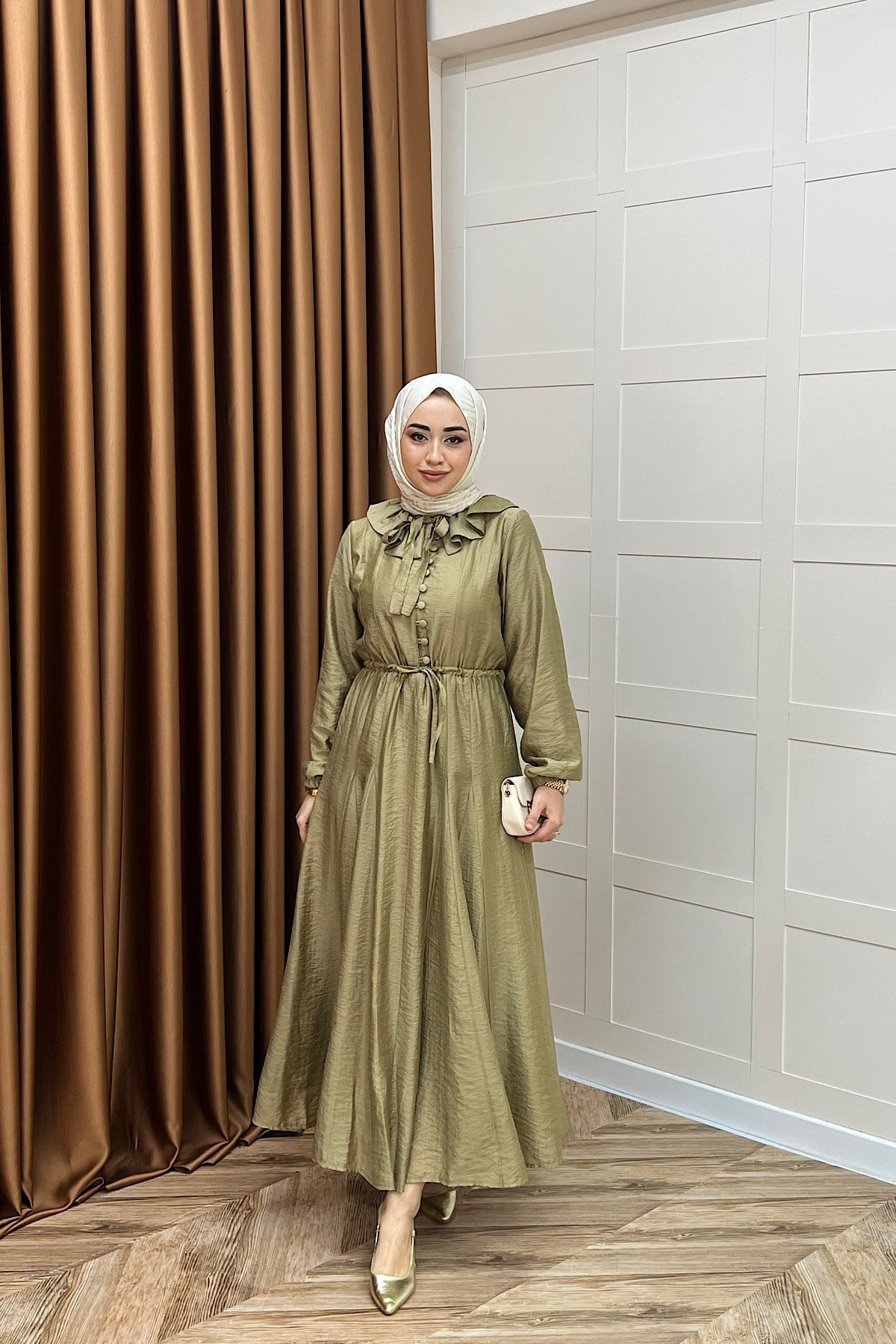 Lena Vual Elbise Yağ Yeşili