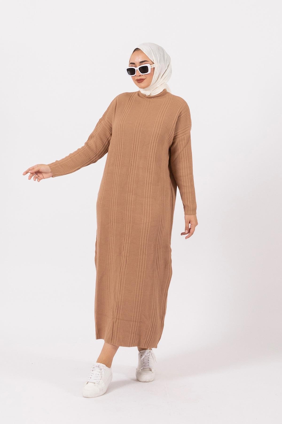 Meva Fitilli Triko Elbise Camel