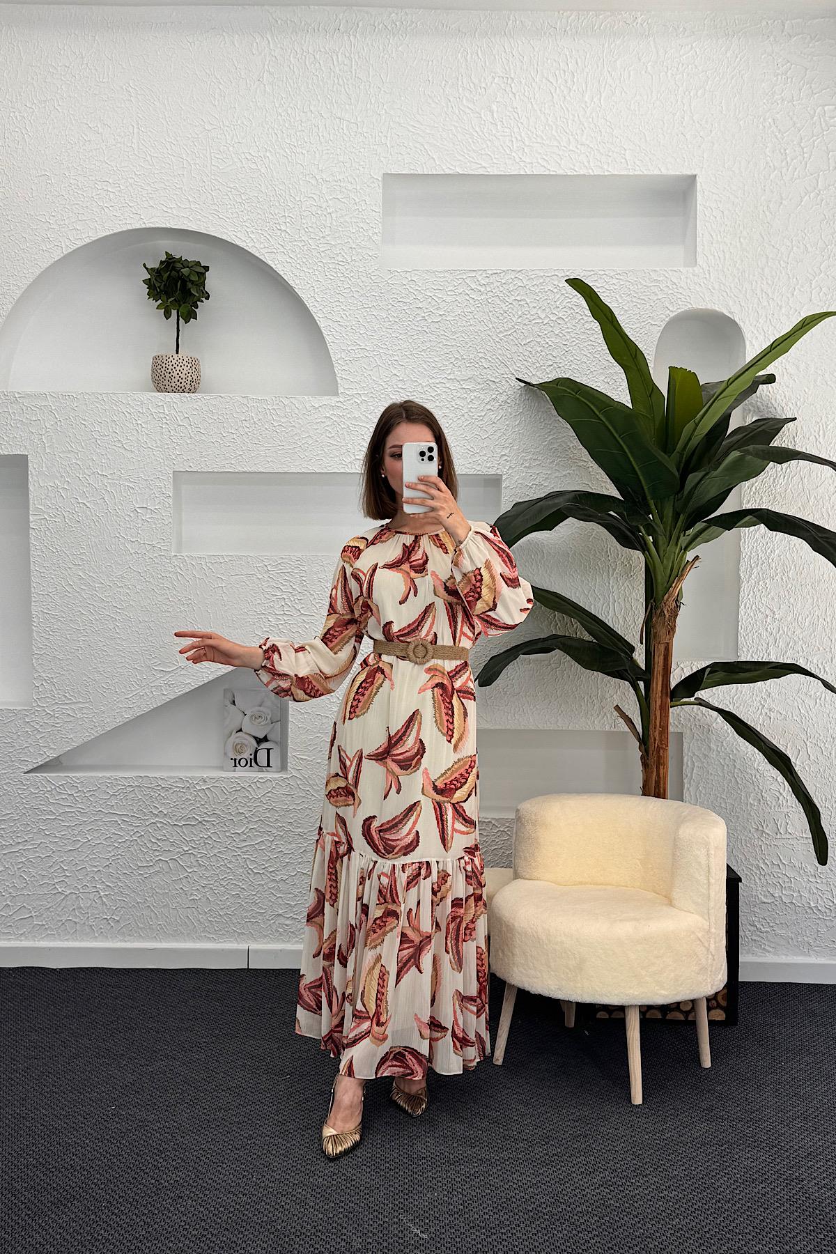 Nadya Hasır Kuşak Detay Elbise Bordo