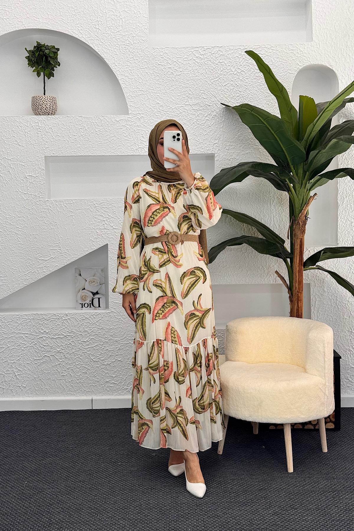 Nadya Hasır Kuşak Detay Elbise Yeşil