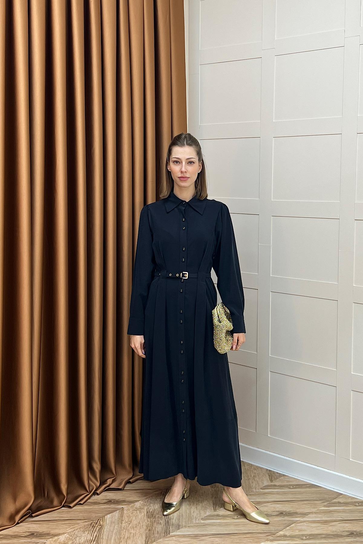 Nisa Boydan Düğmeli Elbise Lacivert