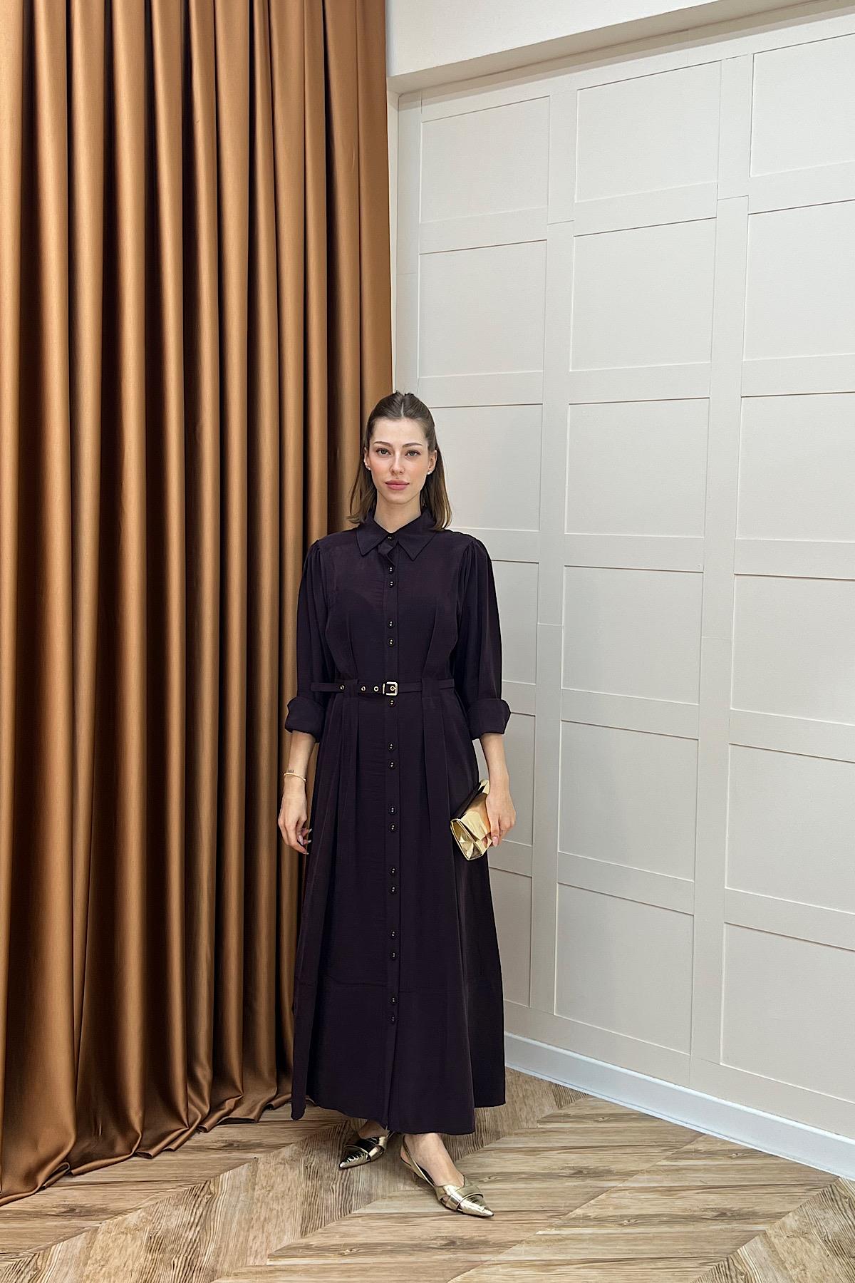 Nisa Boydan Düğmeli Elbise Mürdüm