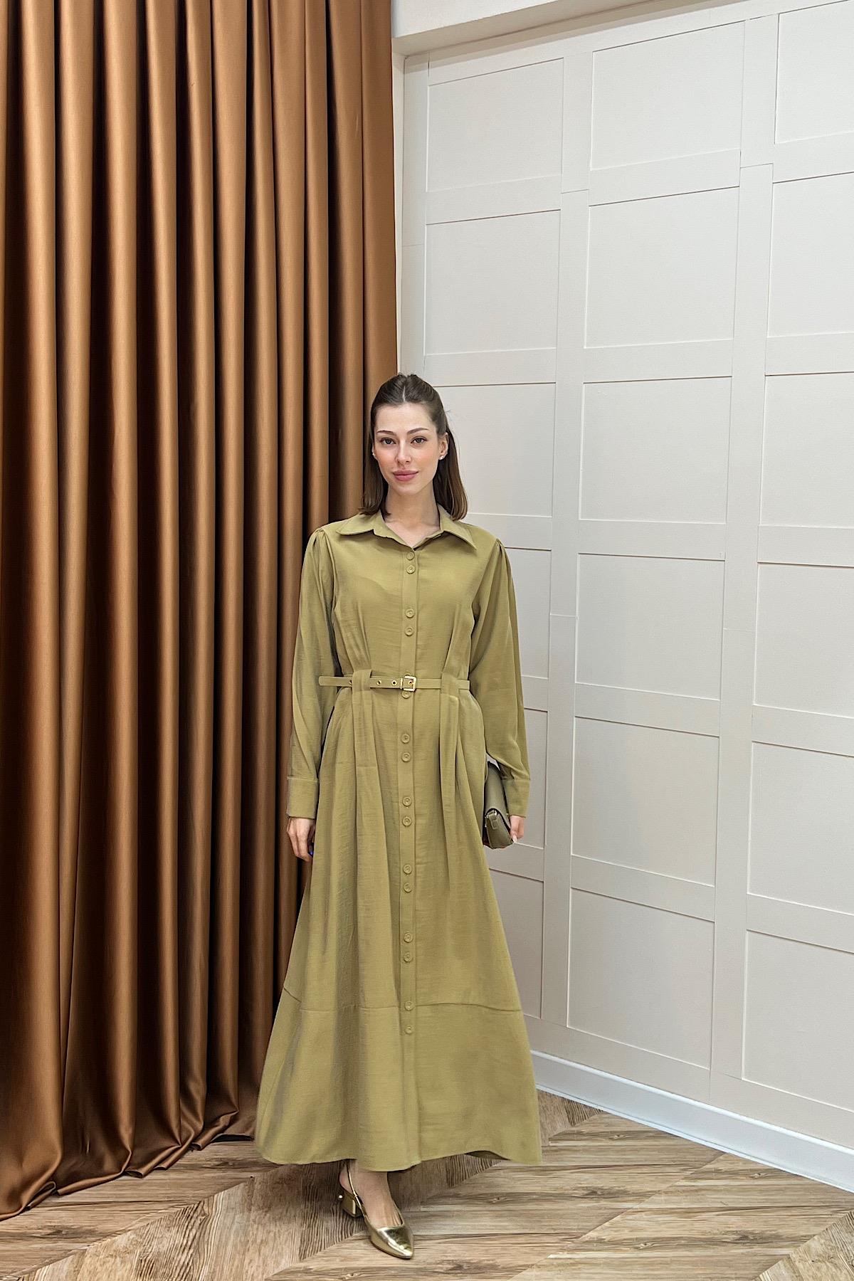 Nisa Boydan Düğmeli Elbise Yağ Yeşili