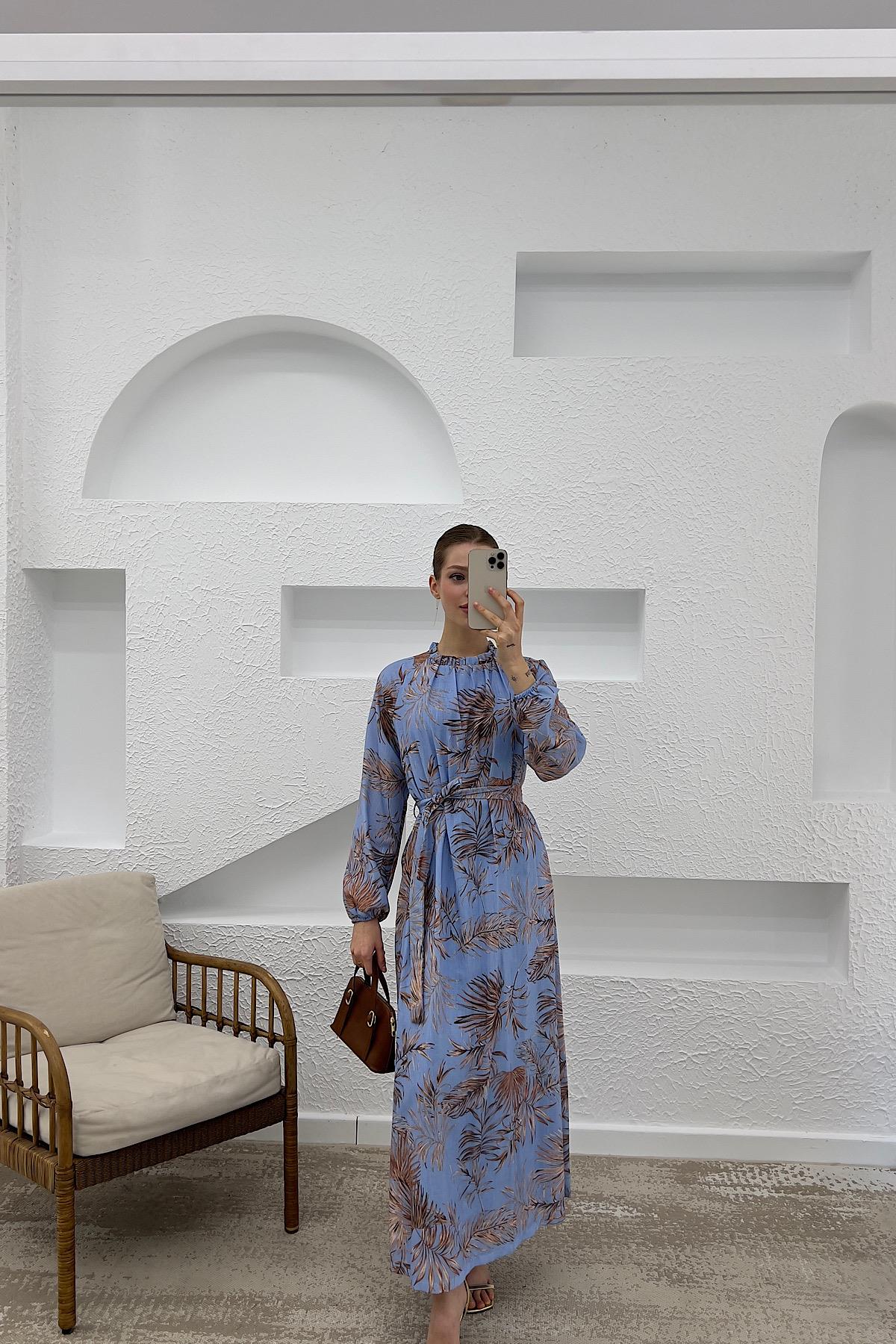 Palmiye Desen Keten Elbise Mavi