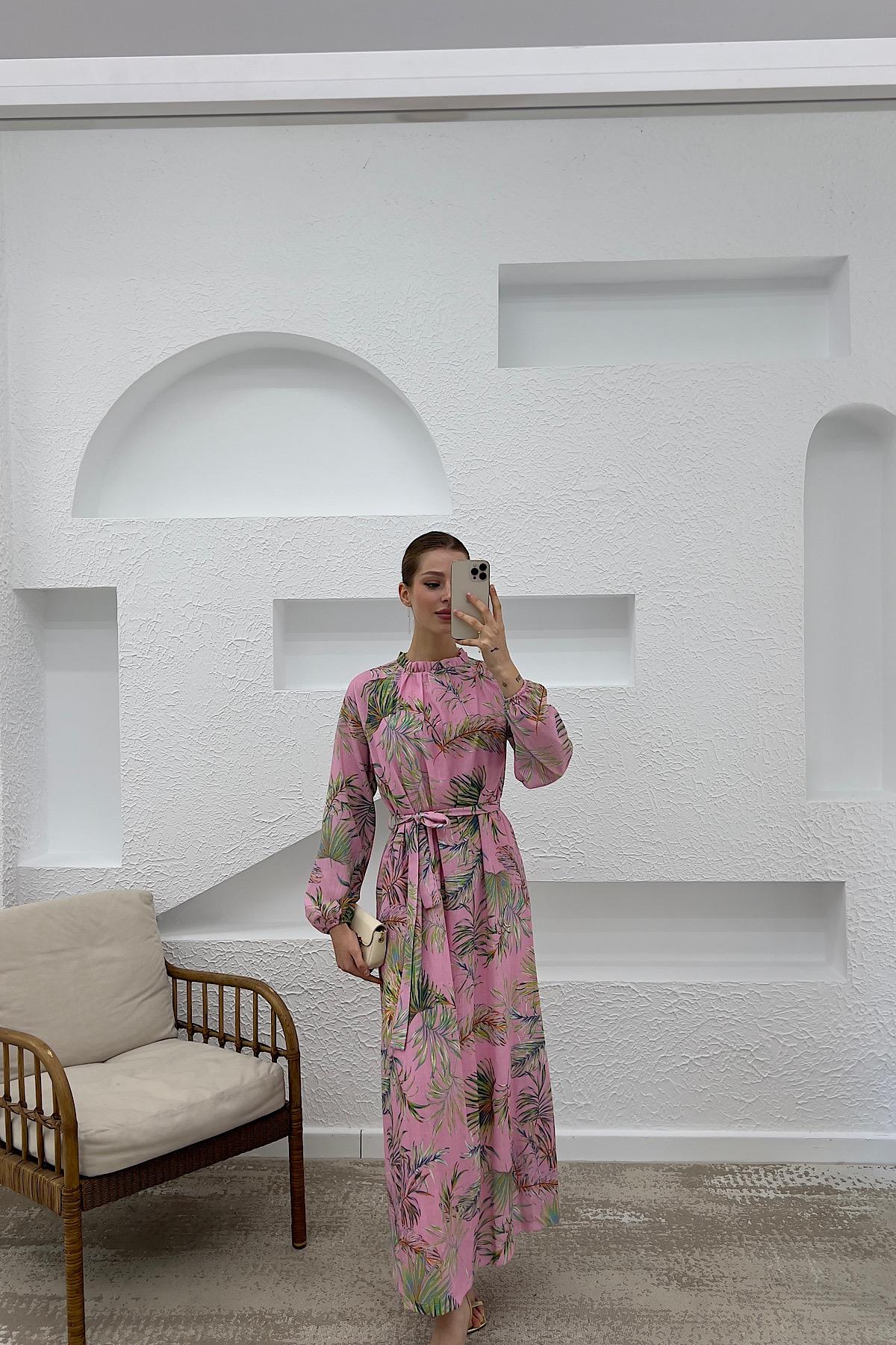 Palmiye Desen Keten Elbise Pembe