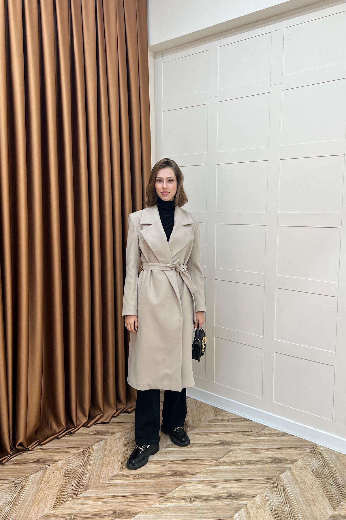 Premium Kuşaklı Kaşe Kaban Taş