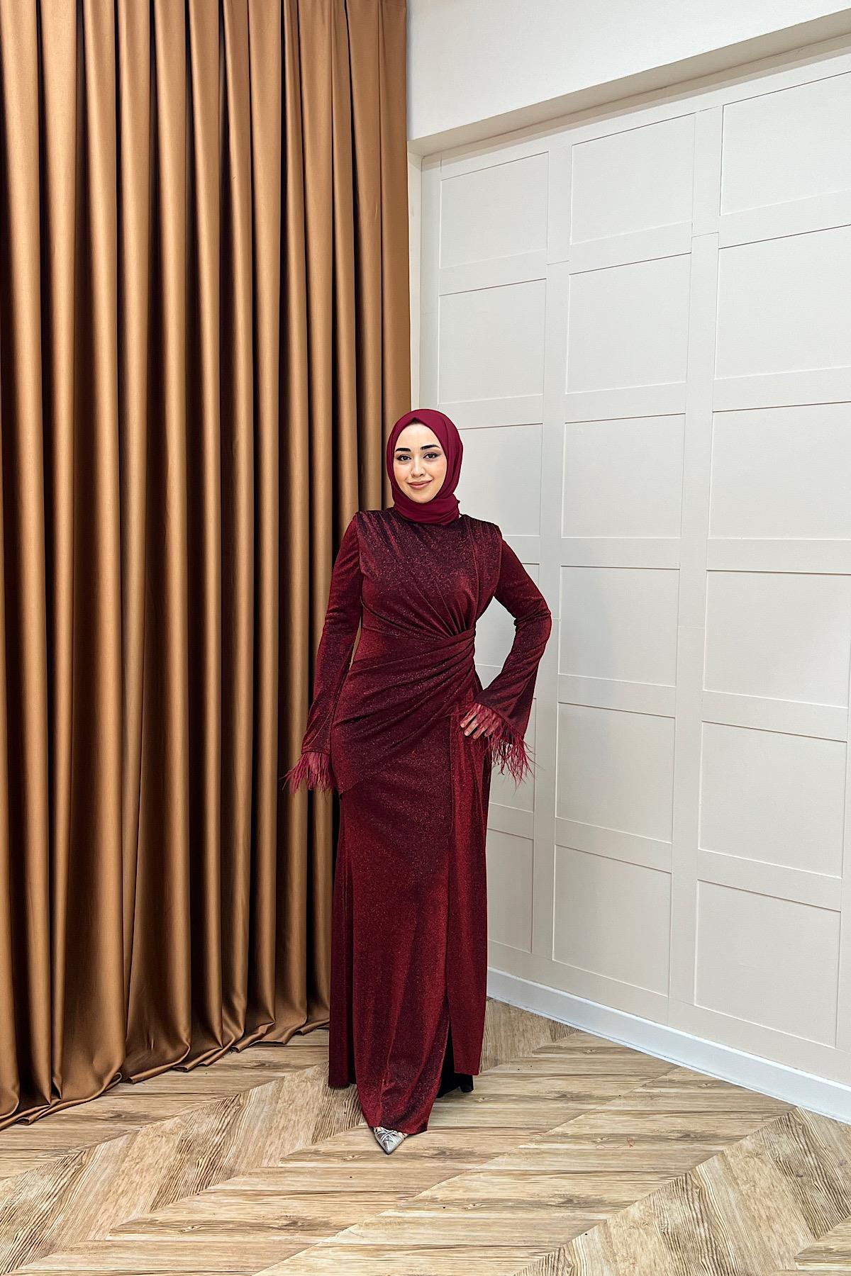 Rosalin Tüy Detay Abiye Bordo