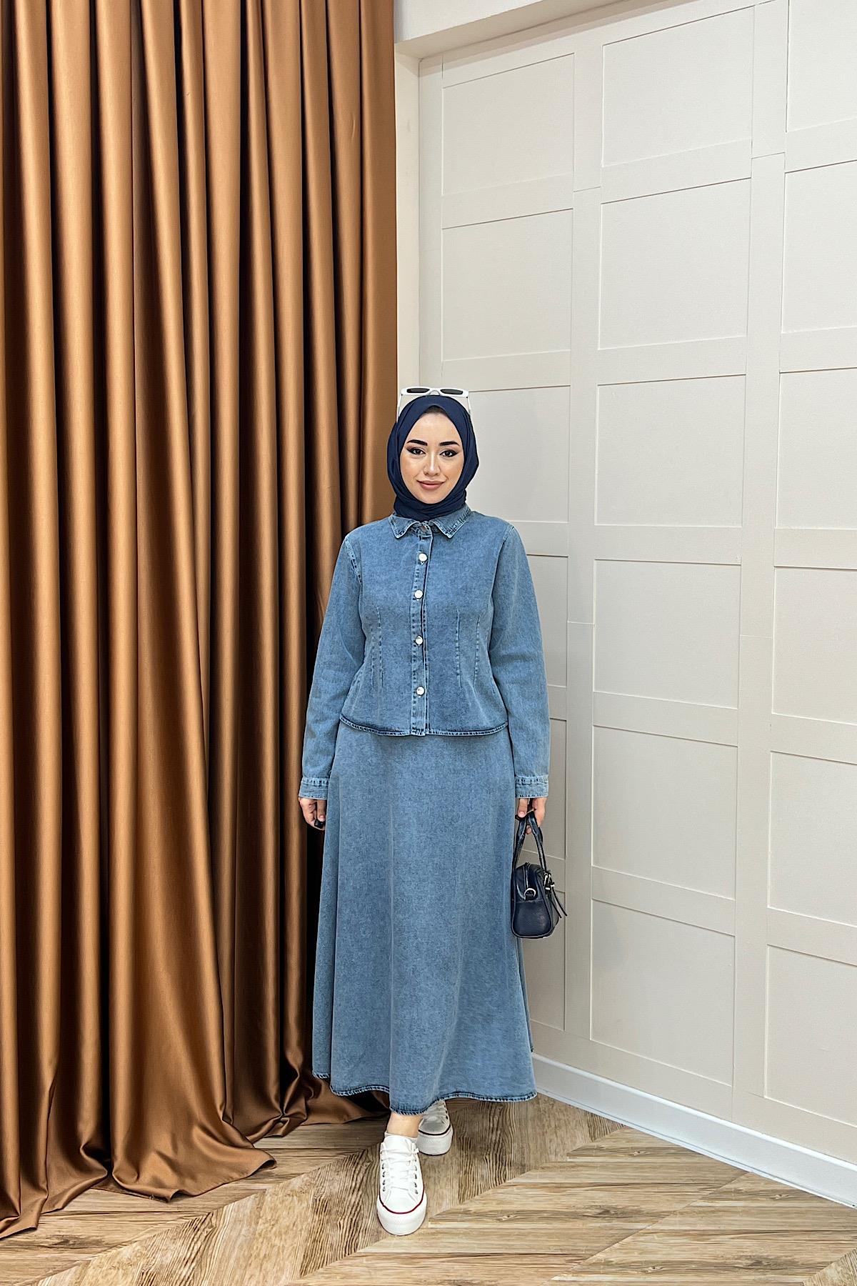 Senna Düğmeli Kot Takım Mavi