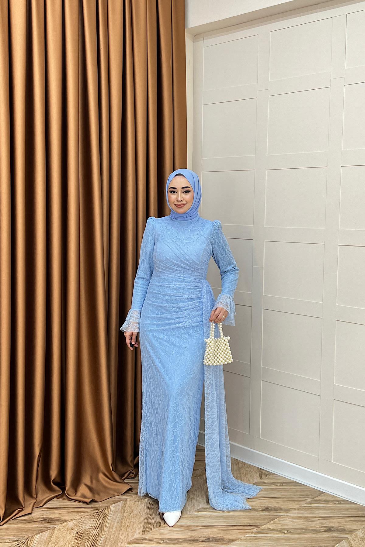 Serena Dantel Balık Abiye Mavi