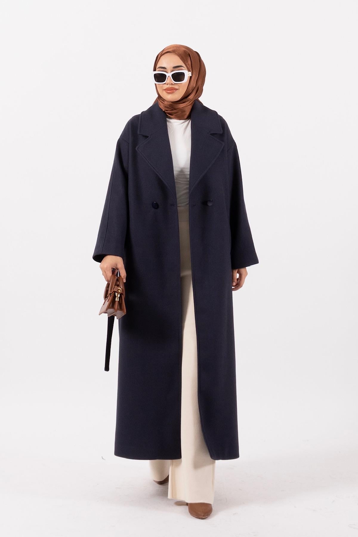 Siena Kuşaklı Uzun Kaban Lacivert