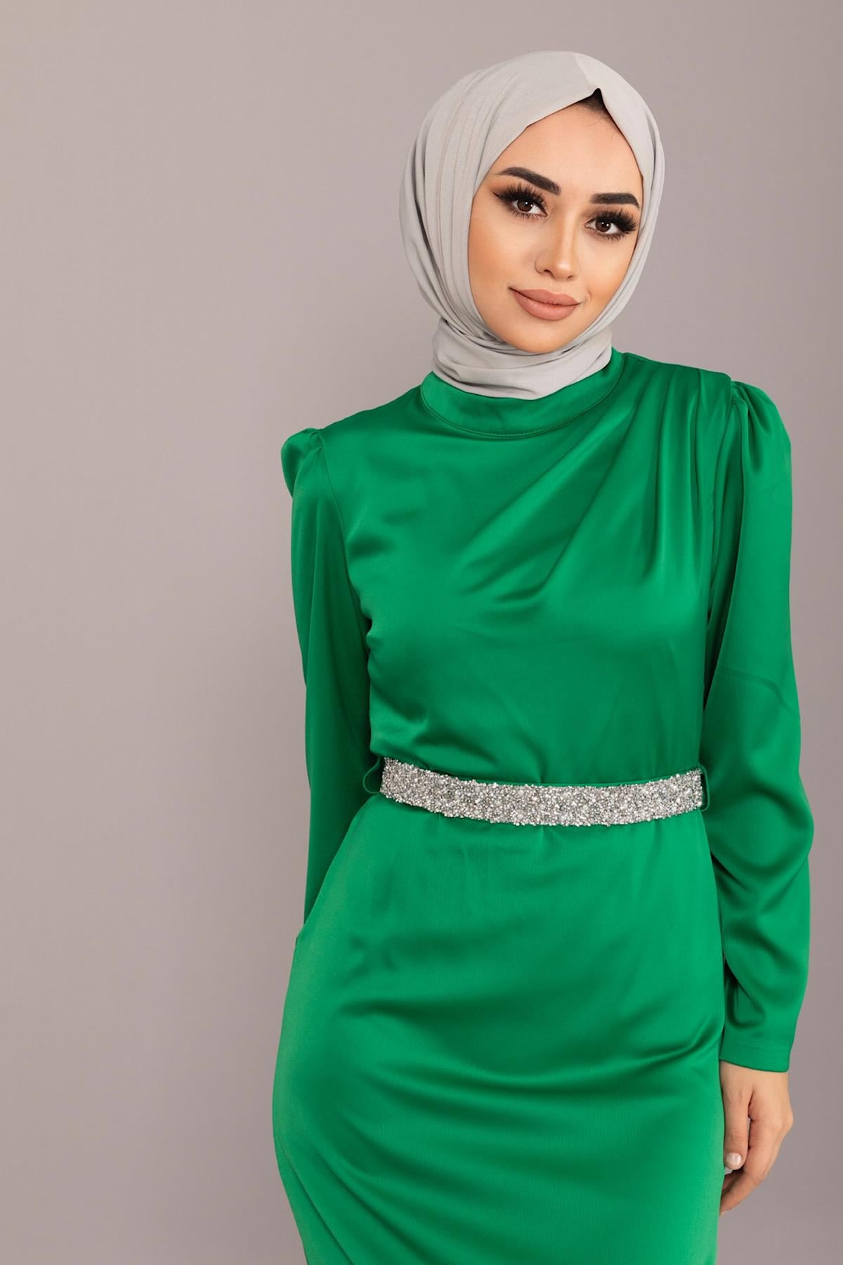 Taş Kemer Saten Abiye Yeşil