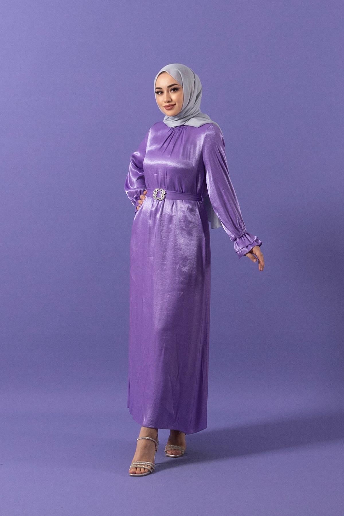 Taş Tokalı Saten Elbise Lila