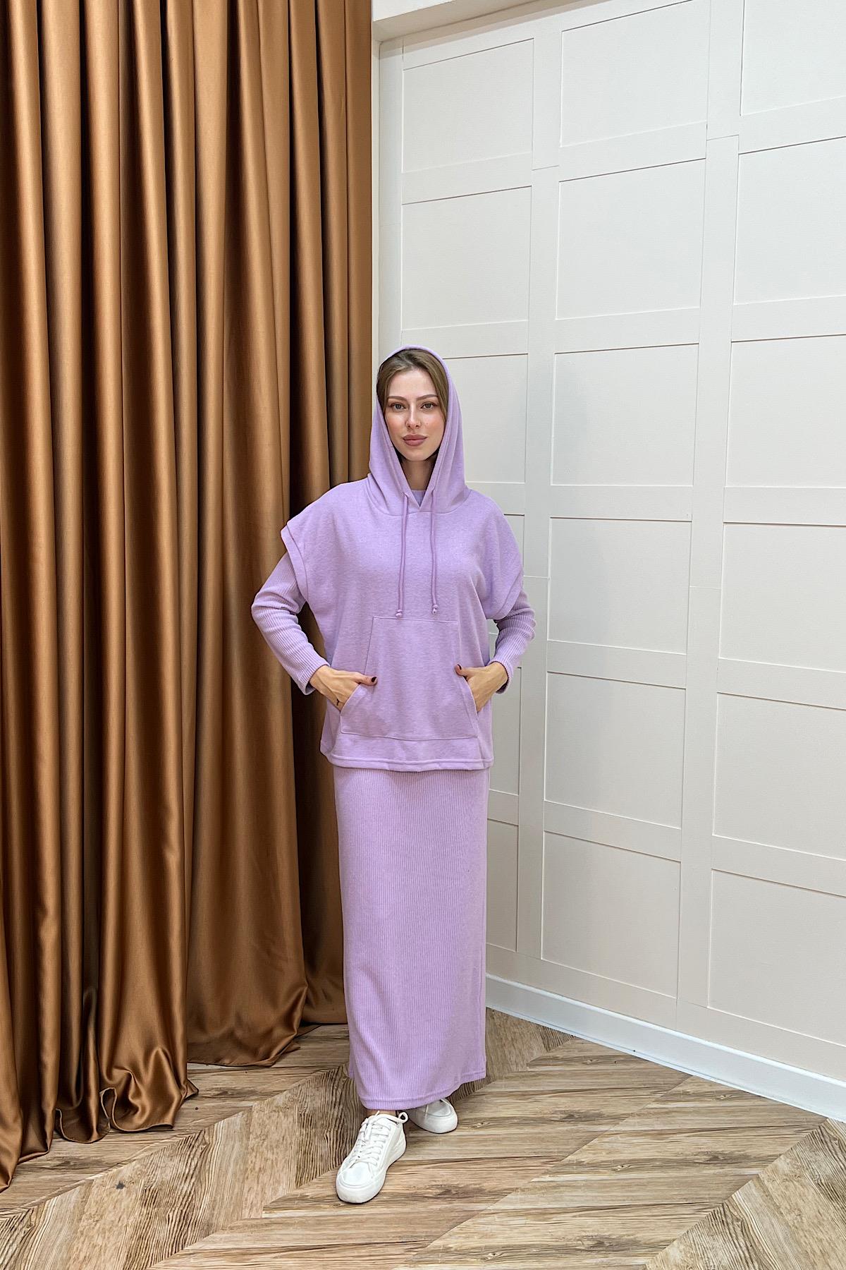 Viyana Kapüşonlu İkili Triko Elbise Lila