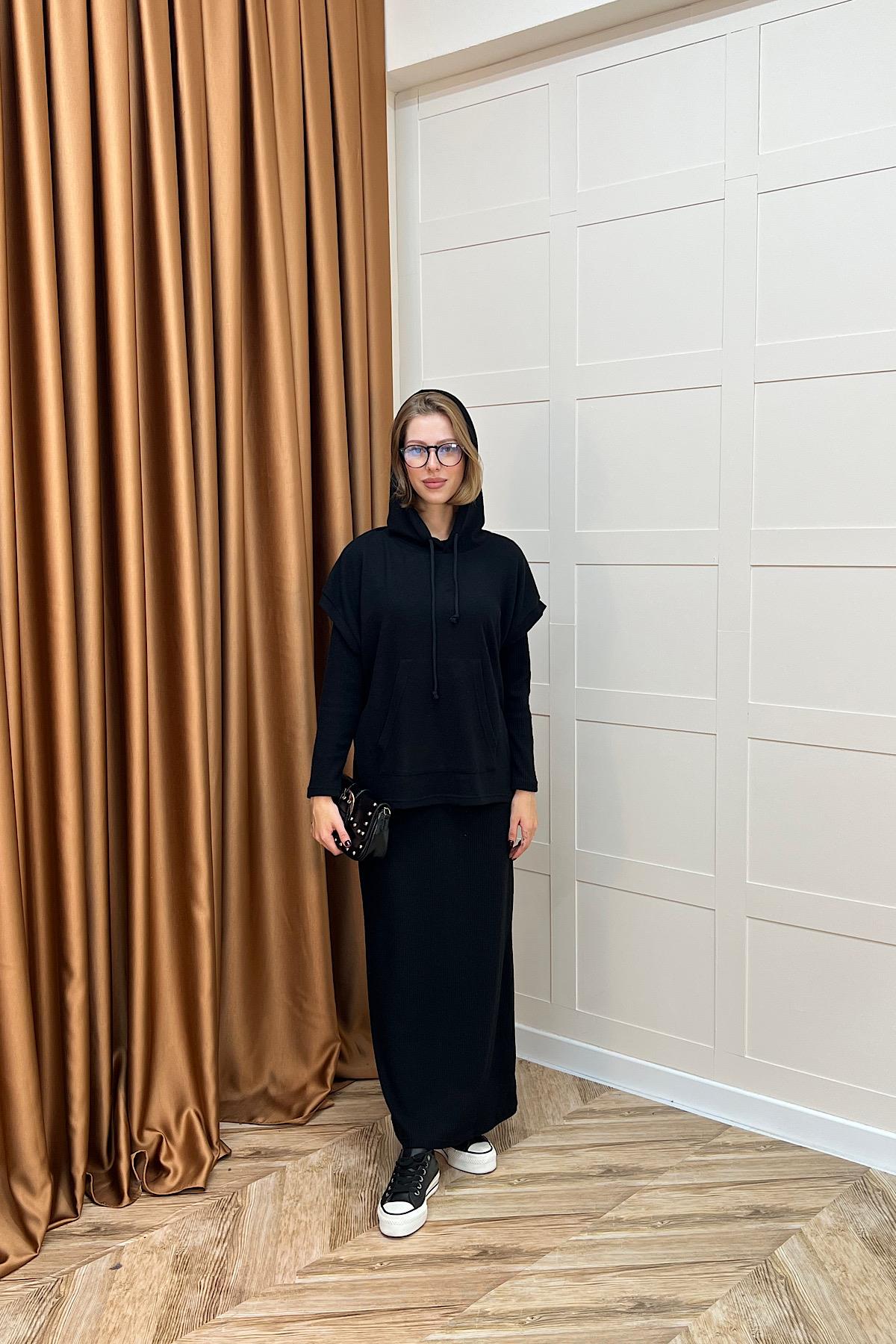 Viyana Kapüşonlu İkili Triko Elbise Siyah