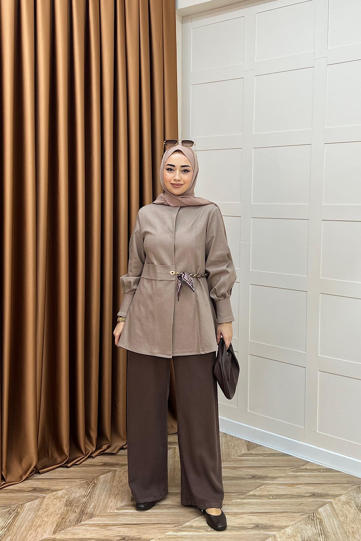 Wanda Fular Kemer Detay Gabardin Kap Vizon