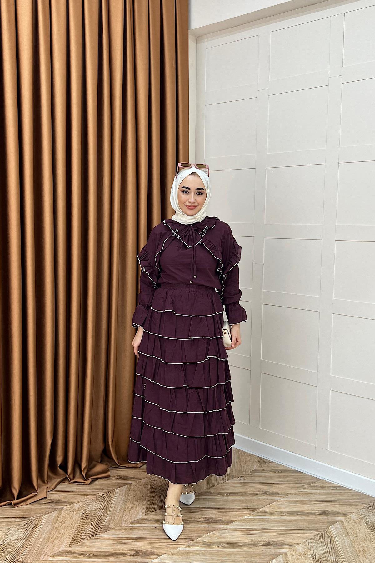 Yağmur Volanlı Etek Takım Bordo