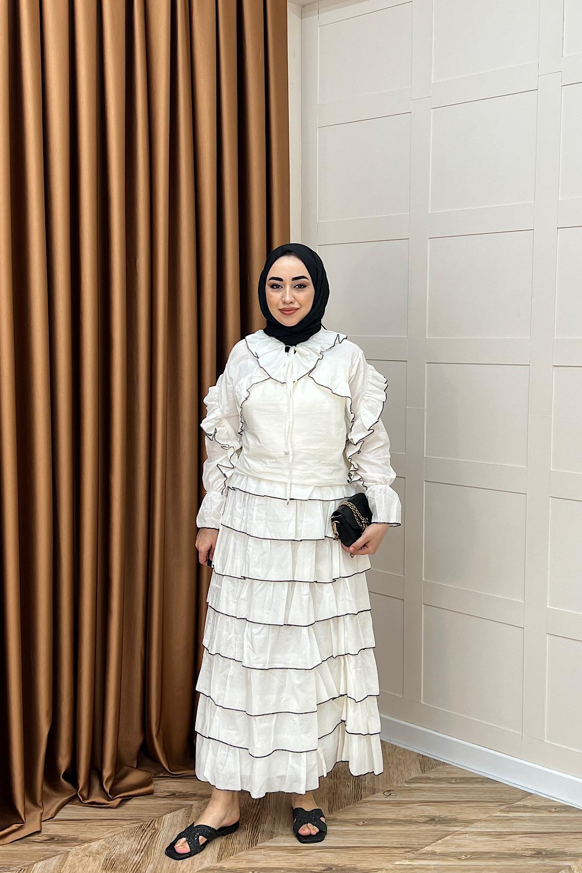 Yağmur Volanlı Etek Takım Ekru