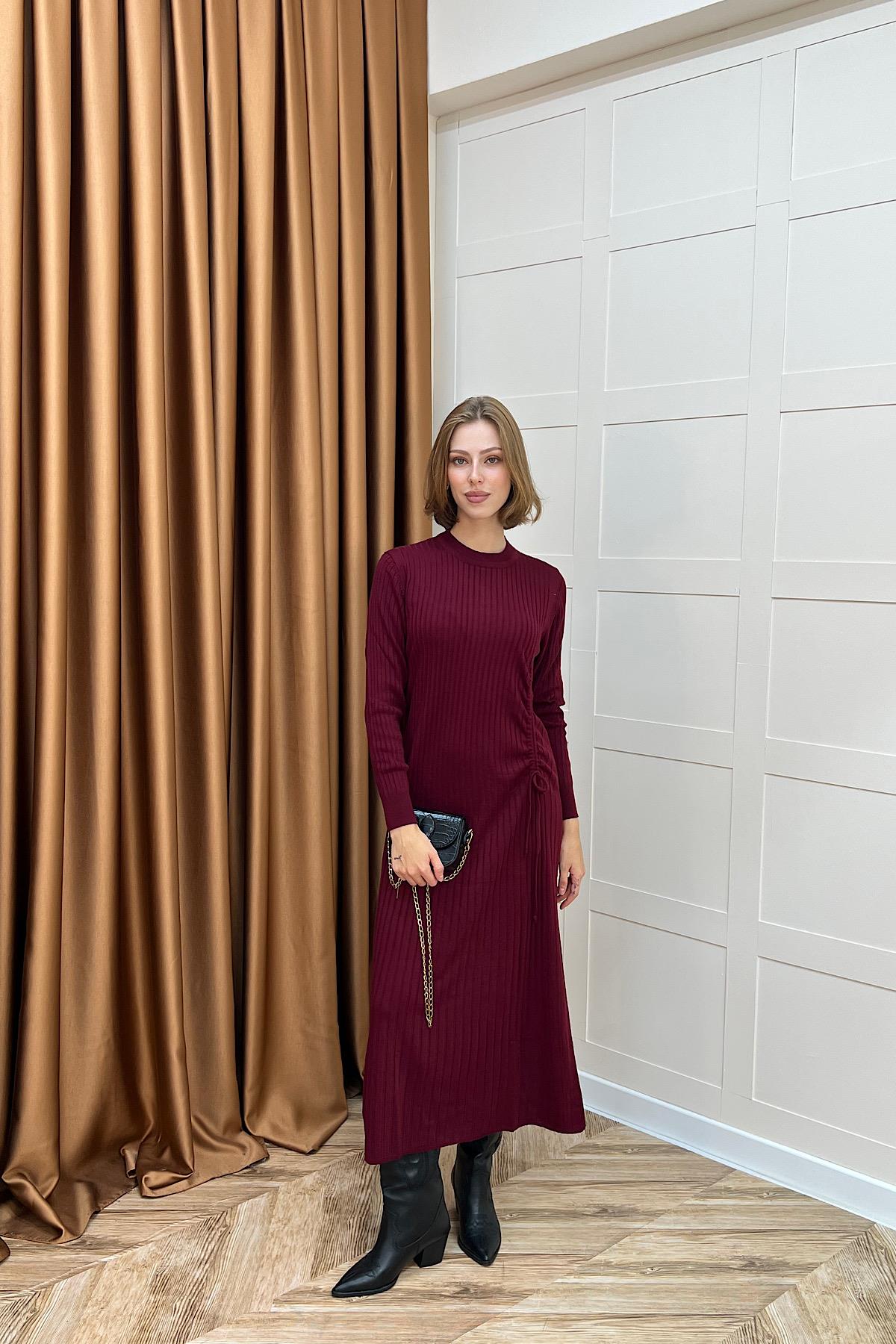 Yandan Büzgülü Triko Elbise Bordo