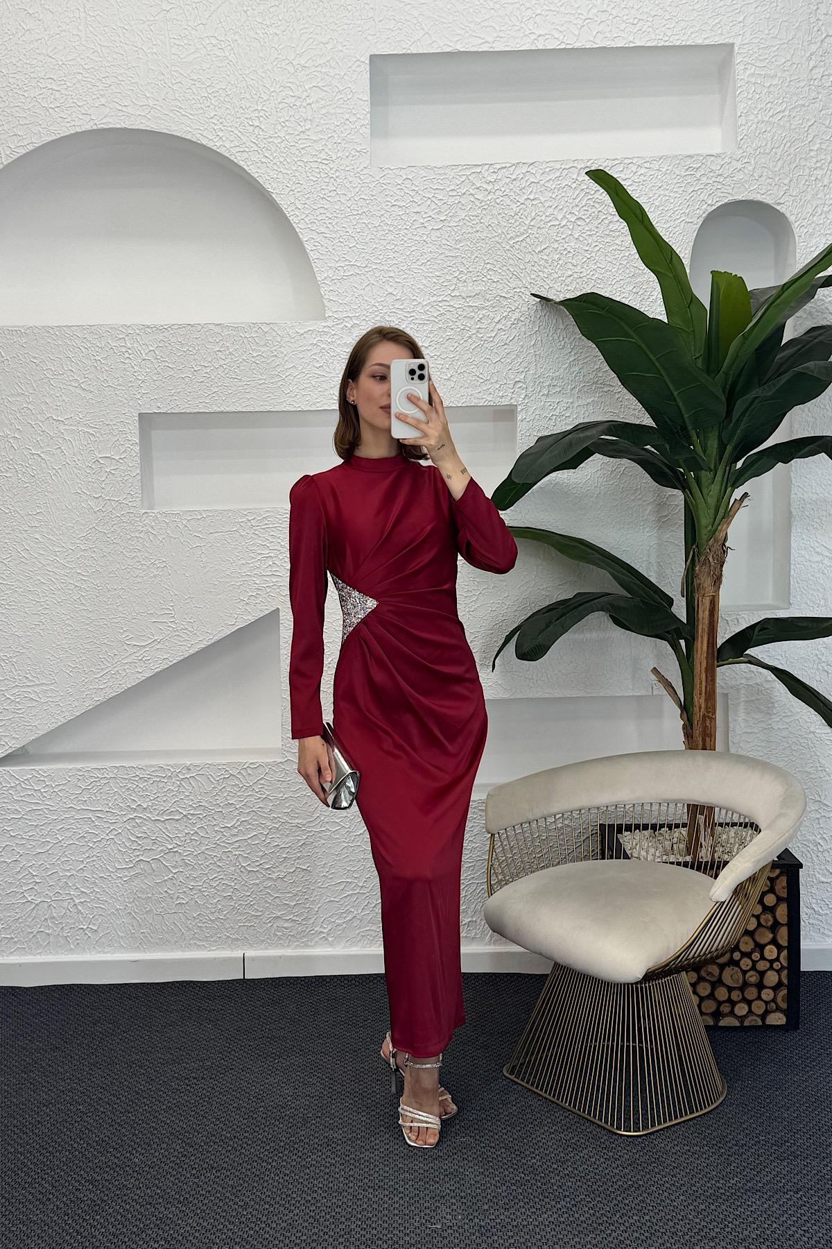 Yanı Taşlı Saten Abiye Bordo