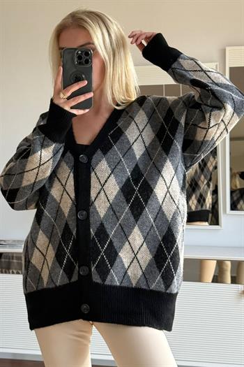 Cidde Kadın Baklava Desenli Şardonlu Owersize Triko Hırka Uzunluk 72 cm 