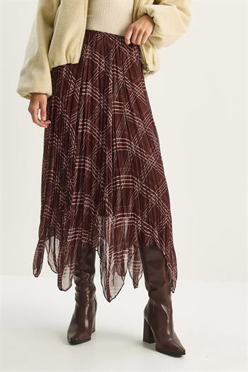 Cidde Kadın Ekose Desenli Kırışık Efektli Astarlı Midi Şifon Etek KAHVERENGI