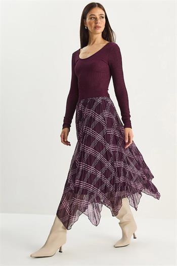 Cidde Kadın Ekose Desenli Kırışık Efektli Astarlı Midi Şifon Etek MURDUM