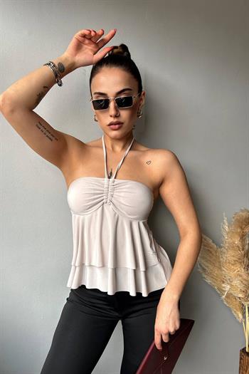 Cidde Kadın Gloplu Halter Bağcık Detay Boyundan Askılı Bluz Sandy Kumaş TAS