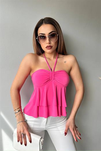 Cidde Kadın Gloplu Halter Bağcık Detay Boyundan Askılı Bluz Sandy Kumaş PEMBE