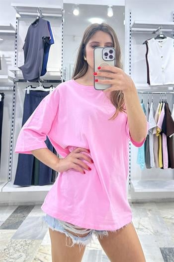 Cidde Unisex Düz Basic Baskısız Günlük Pamuklu Oversize T-shirt- Kadın Salaş Kesim Penye Tişört PEMBE