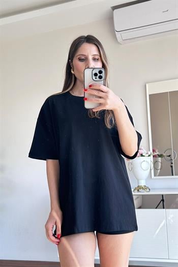 Cidde Unisex Düz Basic Baskısız Günlük Pamuklu Oversize T-shirt- Kadın Salaş Kesim Penye Tişört SIYAH