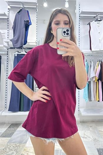 Cidde Unisex Düz Basic Baskısız Günlük Pamuklu Oversize T-shirt- Kadın Salaş Kesim Penye Tişört BORDO