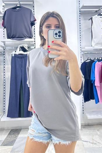 Cidde Unisex Düz Basic Baskısız Günlük Pamuklu Oversize T-shirt- Kadın Salaş Kesim Penye Tişört GRI