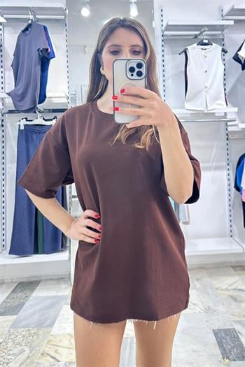 Cidde Unisex Düz Basic Baskısız Günlük Pamuklu Oversize T-shirt- Kadın Salaş Kesim Penye Tişört KAHVE