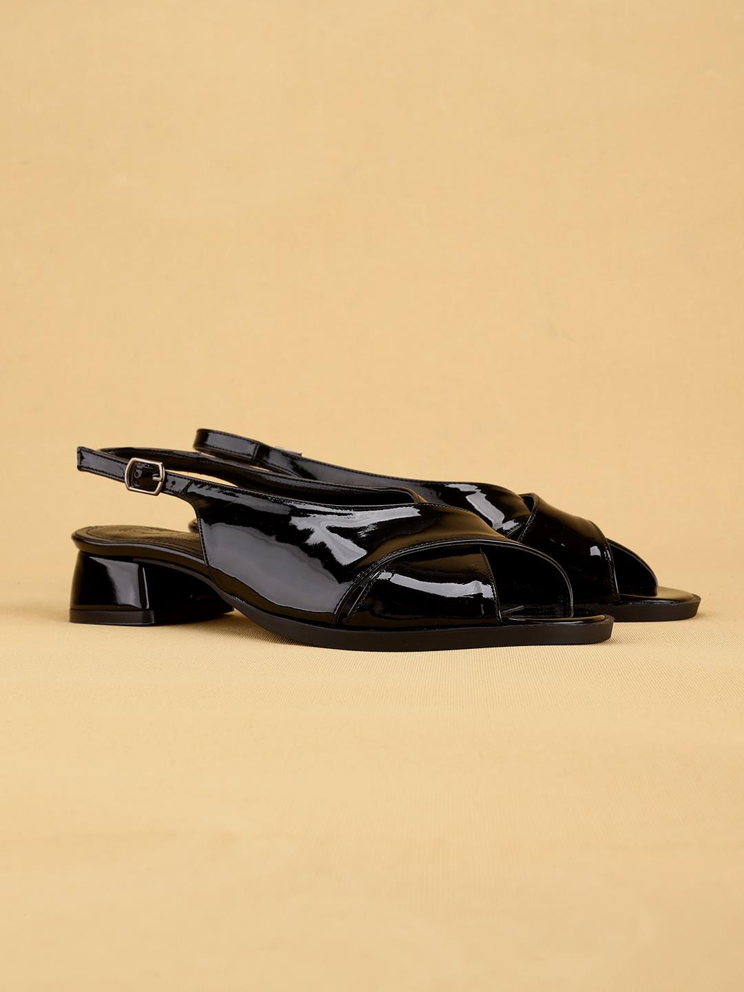 KEIRY Parlak Rugan Siyah Slingback Arkadan Bağlamalı Topuklu Siyah Kadın Sandalet 
