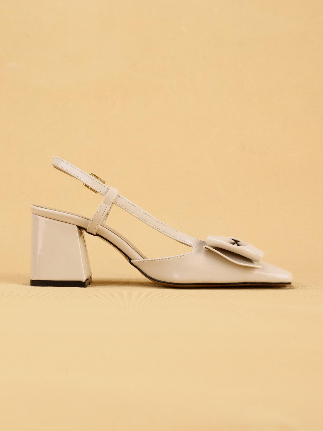 LUNARA Kadın Krem Rugan Topuklu Slingback Ayakkabı Fiyonklu