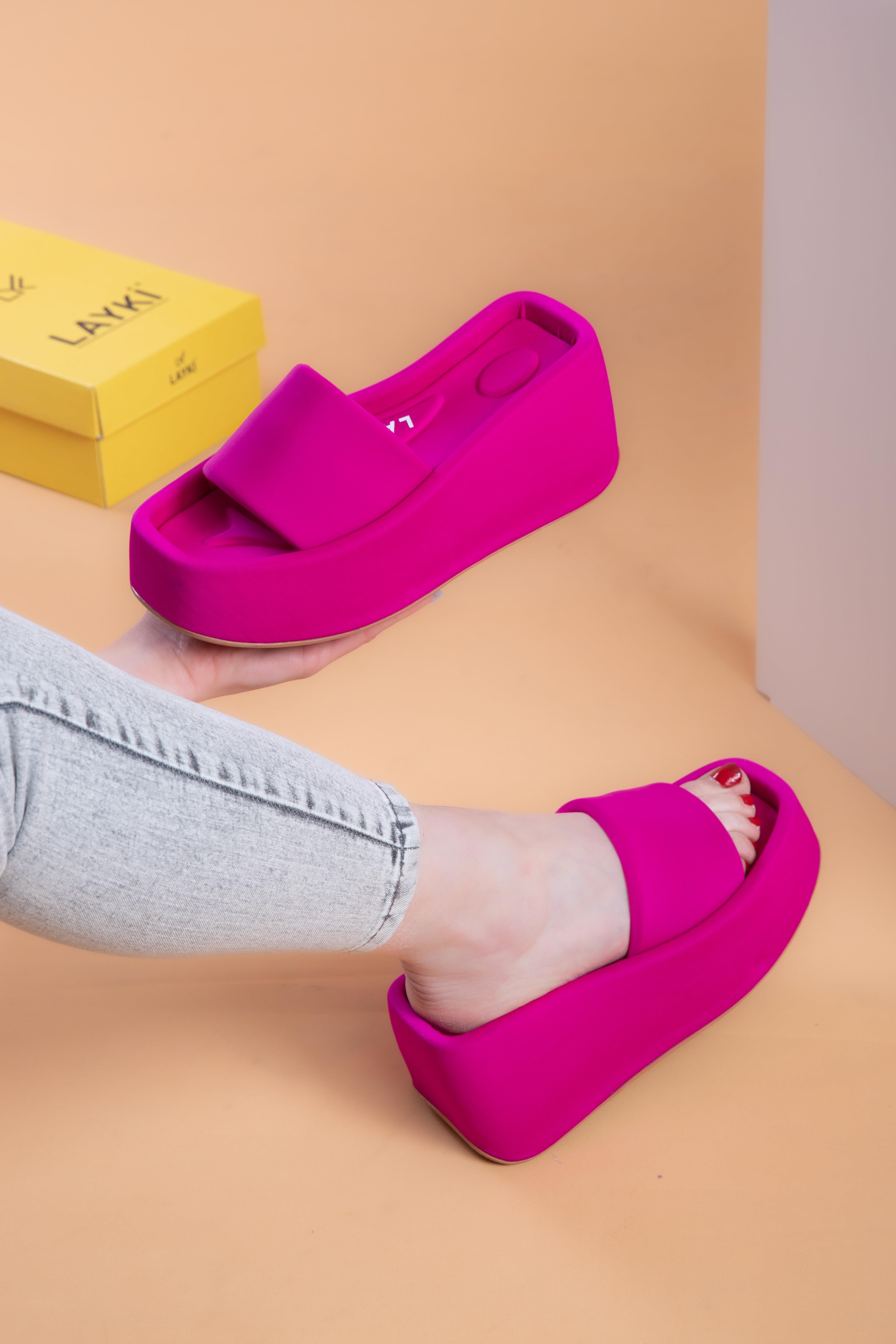 Maria Fuşya Renkli Yüksek Taban Lüx Terlik 8 CM