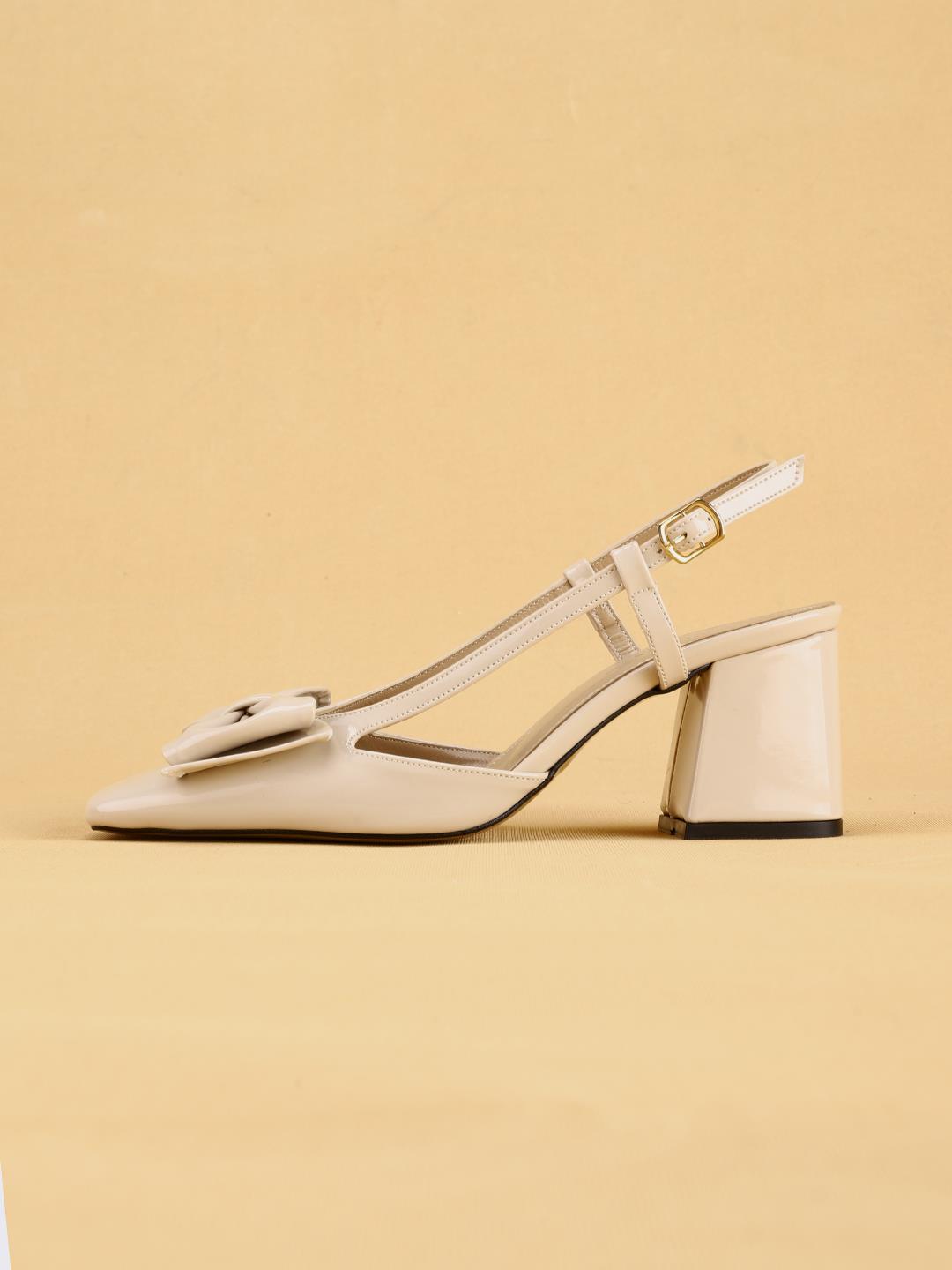 LUNARA Kadın Krem Rugan Topuklu Slingback Ayakkabı Fiyonklu