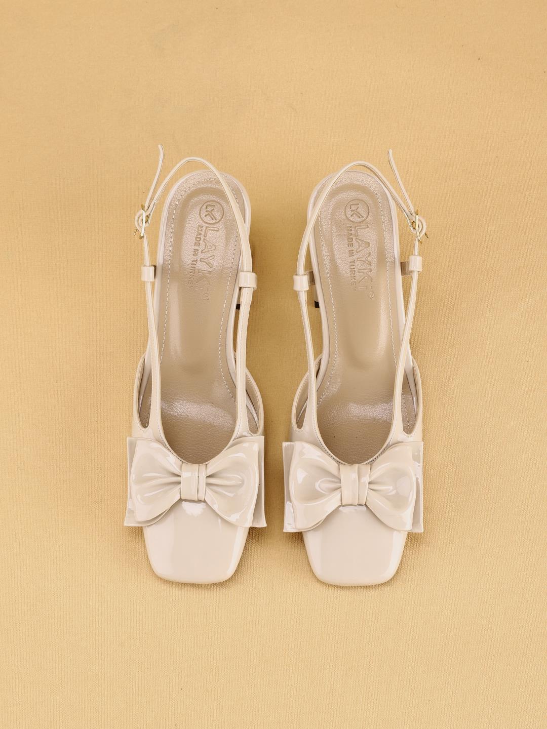 LUNARA Kadın Krem Rugan Topuklu Slingback Ayakkabı Fiyonklu