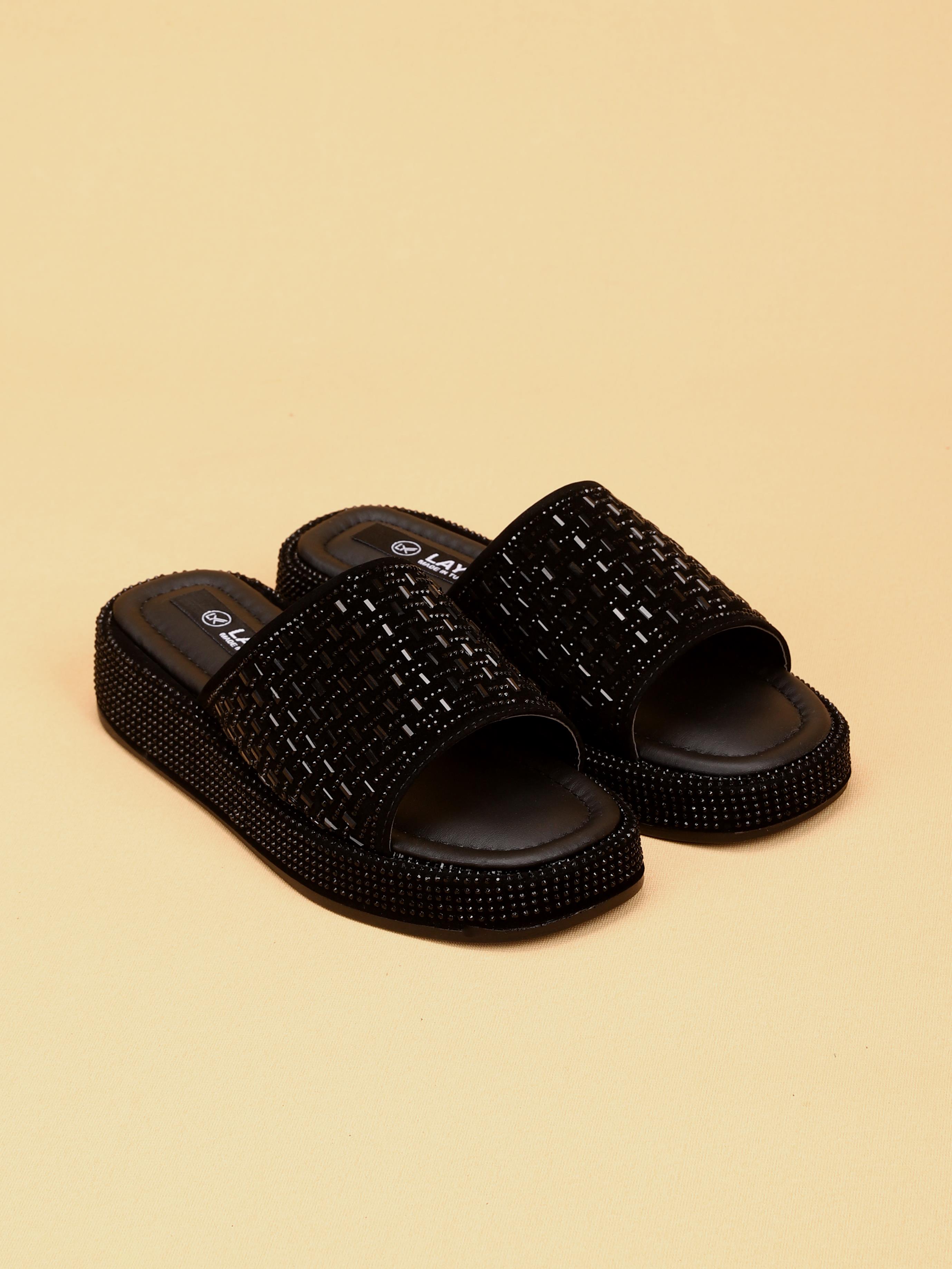 LAYKLY Taş Detaylı Parlak Yazlık Model  Platform Kadın SiyahTerlik 