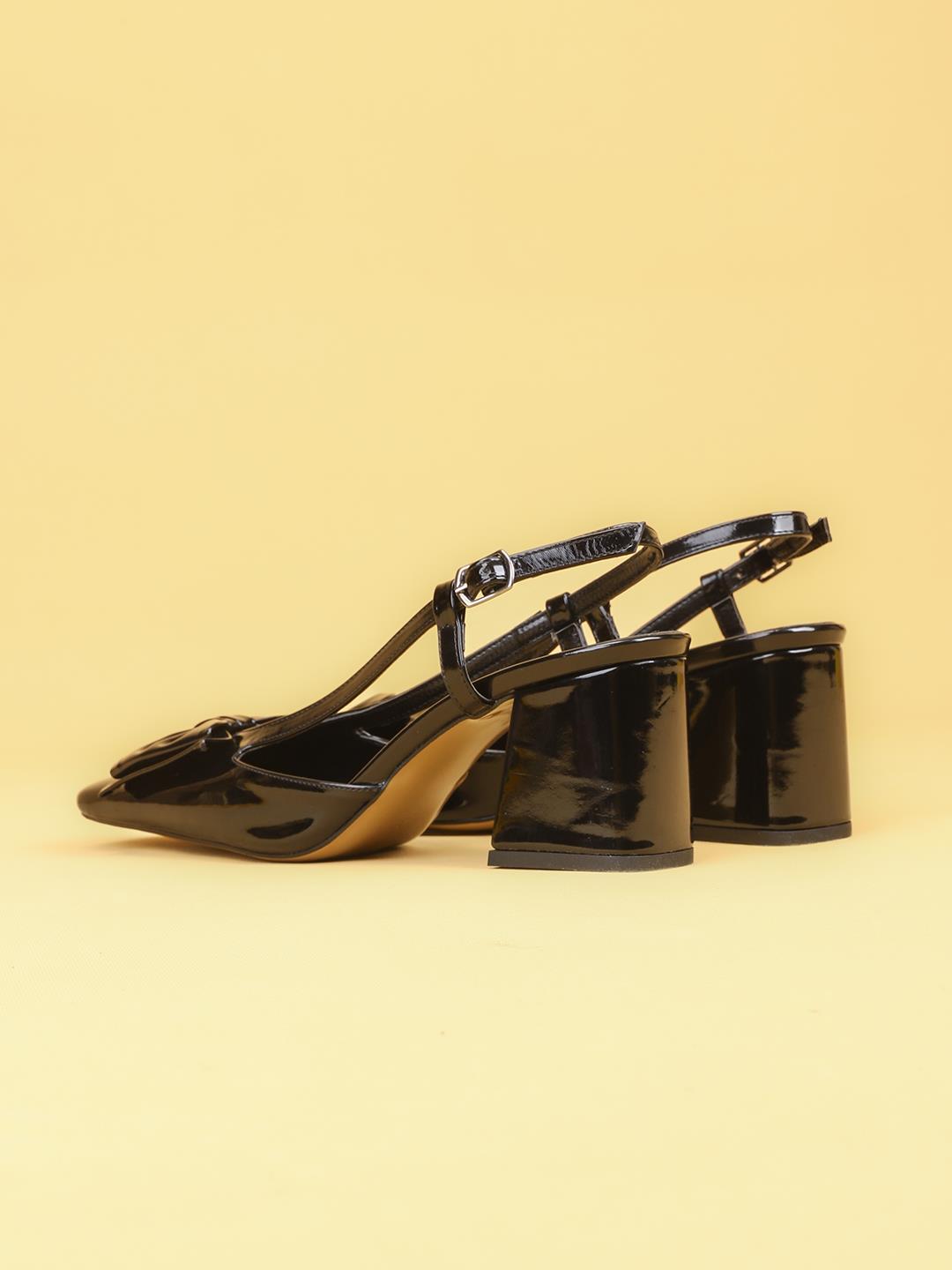 LUNARA Kadın Siyah Rugan Topuklu Slingback Ayakkabı Fiyonklu