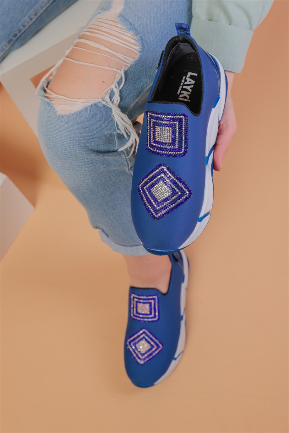 İmmobile Mavi Renkli Önü Parlak Taşlı Paraşüt Kumaş Lux Kadın Spor Ayakkabı 