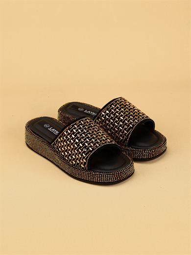 LAYKLY Taş Detaylı Parlak Yazlık Model  Platform Kadın Altın Terlik