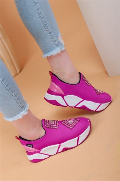 İmmobile Fuşya Renkli Önü Parlak Taşlı Paraşüt Kumaş Lux Kadın Spor Ayakkabı 