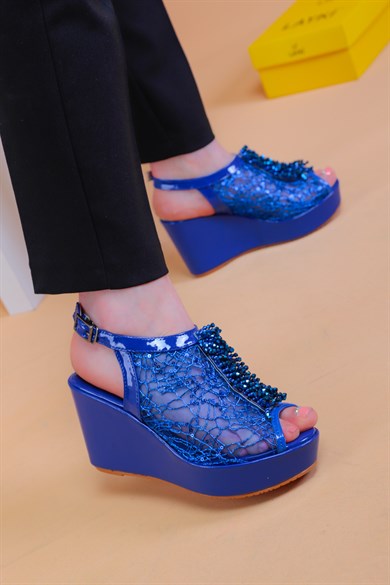 Bross Mavi Renk Taşlı Bayan Sandalet