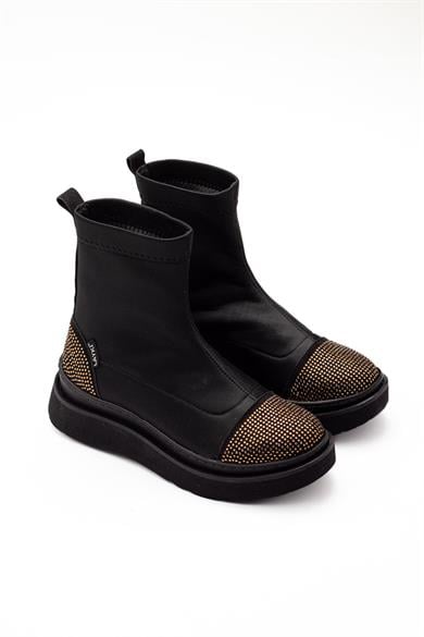 Afron Siyah Renkli Altın Renk Taşlı Detaylı Kışlık Kadın Bot