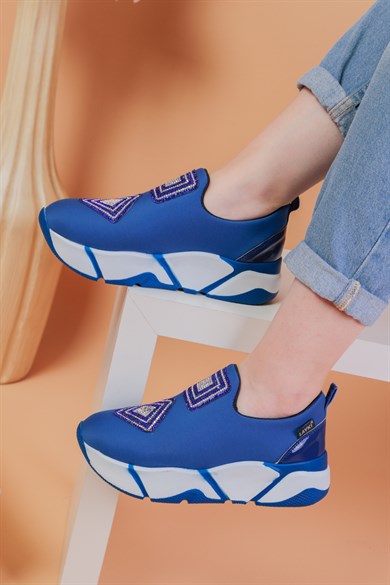 İmmobile Mavi Renkli Önü Parlak Taşlı Paraşüt Kumaş Lux Kadın Spor Ayakkabı 