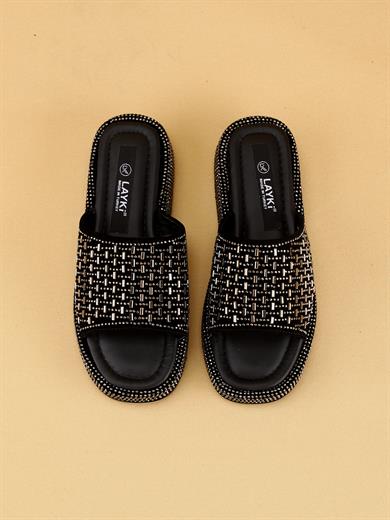 LAYKLY Taş Detaylı Parlak Yazlık Model  Platform Kadın platin terlik