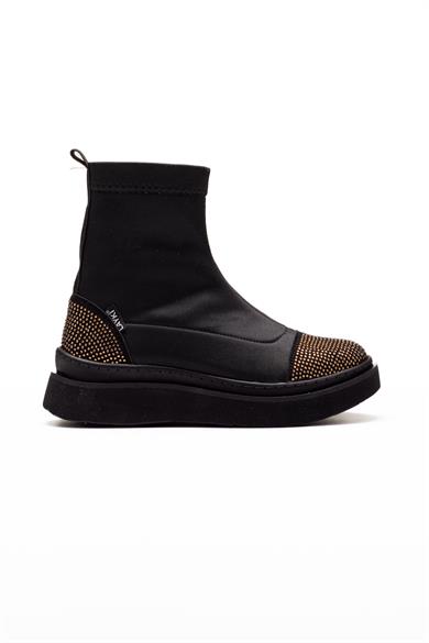 Afron Siyah Renkli Altın Renk Taşlı Detaylı Kışlık Kadın Bot